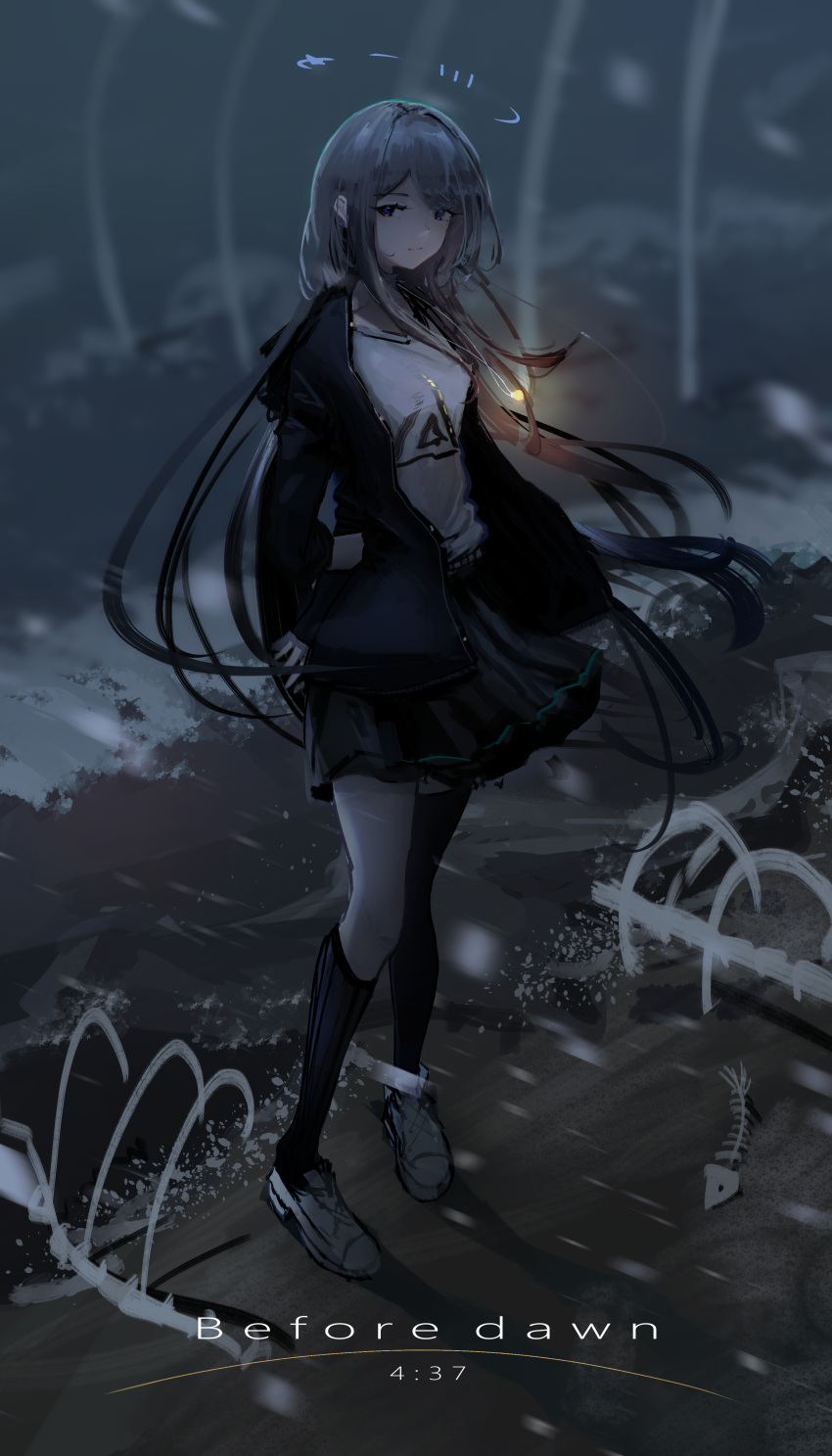 1girl absurdres black_jacket black_skirt black_socks black_thighhighs blue_eyes breasts chinese_commentary closed_mouth commentary_request english_commentary english_text fish_skeleton floating_hair full_body grabbing_own_arm grey_hair halo highres jacket kneehighs lemtun long_hair looking_at_viewer medium_breasts mixed-language_commentary open_clothes open_jacket original shirt single_sock single_thighhigh skirt sleeves_past_elbows snow socks solo standing thighhighs timestamp variant_set white_footwear white_shirt