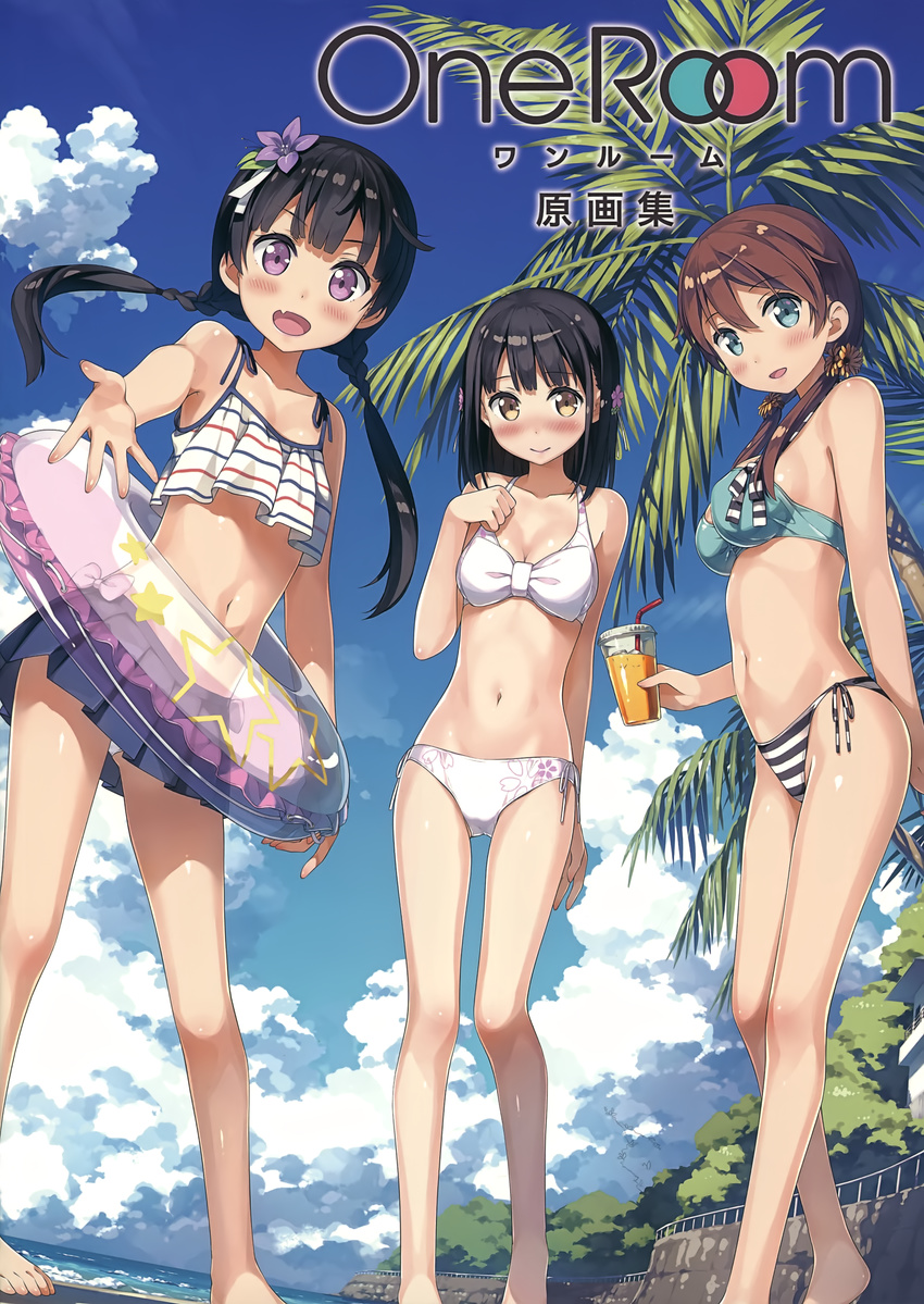 3girls :d absurdres aoshima_moka aqua_bikini_top arm_at_side bangs bare_legs barefoot beach bendy_straw bikini bikini_bottom black_hair blue_eyes blue_sky blush breasts brown_hair cherry_blossom_print cleavage cloud collarbone contrapposto crop_top crop_top_overhang cup day drink drinking_straw dutch_angle fang flower from_below hair_between_eyes hair_flower hair_ornament hair_over_shoulder hanasaka_yui hand_on_own_chest highres holding holding_cup innertube kantoku light_brown_eyes looking_at_viewer low_twintails medium_breasts medium_hair mismatched_bikini momohara_natsuki multiple_girls navel nervous_smile nose_blush ocean one_room open_mouth outdoors outstretched_hand palm_tree pleated_skirt purple_eyes retaining_wall side-tie_bikini skirt sky small_breasts smile standing strap_gap striped_bikini_bottom swimsuit tree twintails upskirt v-shaped_eyebrows white_bikini