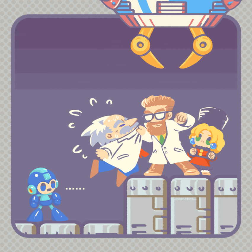 ... 1girl 3boys beard black-framed_eyewear blonde_hair blue_eyes brown_hair dr._cossack_(mega_man) dr._wily_(mega_man) earrings facial_hair flying_sweatdrops glasses green_necktie grey_hair highres humanoid_robot jewelry kalinka_cossack_(mega_man) lab_coat laser-lance long_sleeves medium_hair mega_man_(character) mega_man_(classic) mega_man_(series) mega_man_4 multiple_boys mustache necktie red_necktie robot short_hair