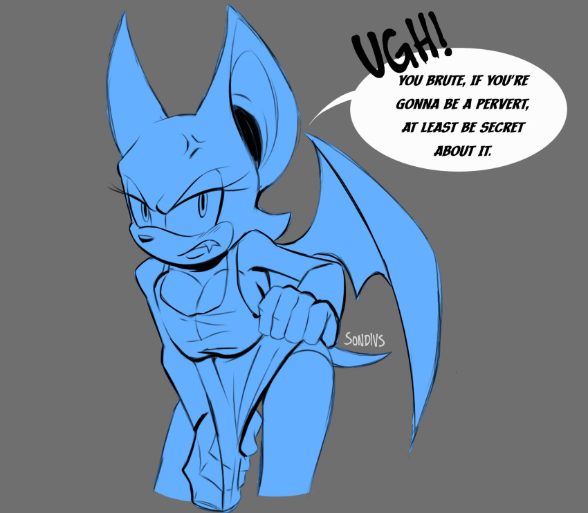angry angry_expression anthro bat big_breasts blush breasts cleavage clothed clothing cross-popping_vein dialogue fangs female hand_on_hip hi_res looking_at_viewer mammal pulling_shirt_down rouge_the_bat sega solo somedivs sonic_the_hedgehog_(series) speech_bubble teeth underwear wings