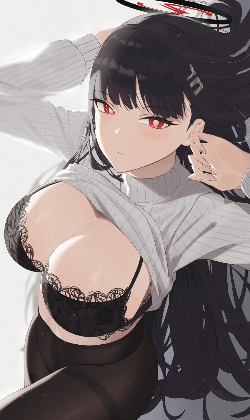 1girl absurdres black_bra black_hair black_pantyhose blue_archive blush bra breasts bright_pupils cleavage clothes_lift edible_sus halo highres lace-trimmed_bra lace_trim large_breasts long_hair long_sleeves looking_at_viewer pantyhose red_eyes ribbed_sweater rio_(blue_archive) solo straight_hair sweater sweater_lift underwear very_long_hair white_pupils white_sweater