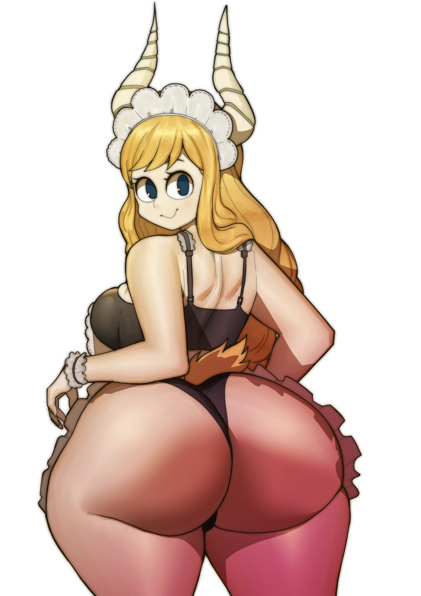 absurd_res apron big_butt blonde_hair bra butt clothing doublehero female hair hi_res horn horned_humanoid huge_butt huge_hips humanoid looking_at_viewer looking_back maid_headdress maid_uniform my_hero_academia panties rear_view scut_tail short_tail solo tail thick_thighs tsunotori_pony underwear uniform wide_hips