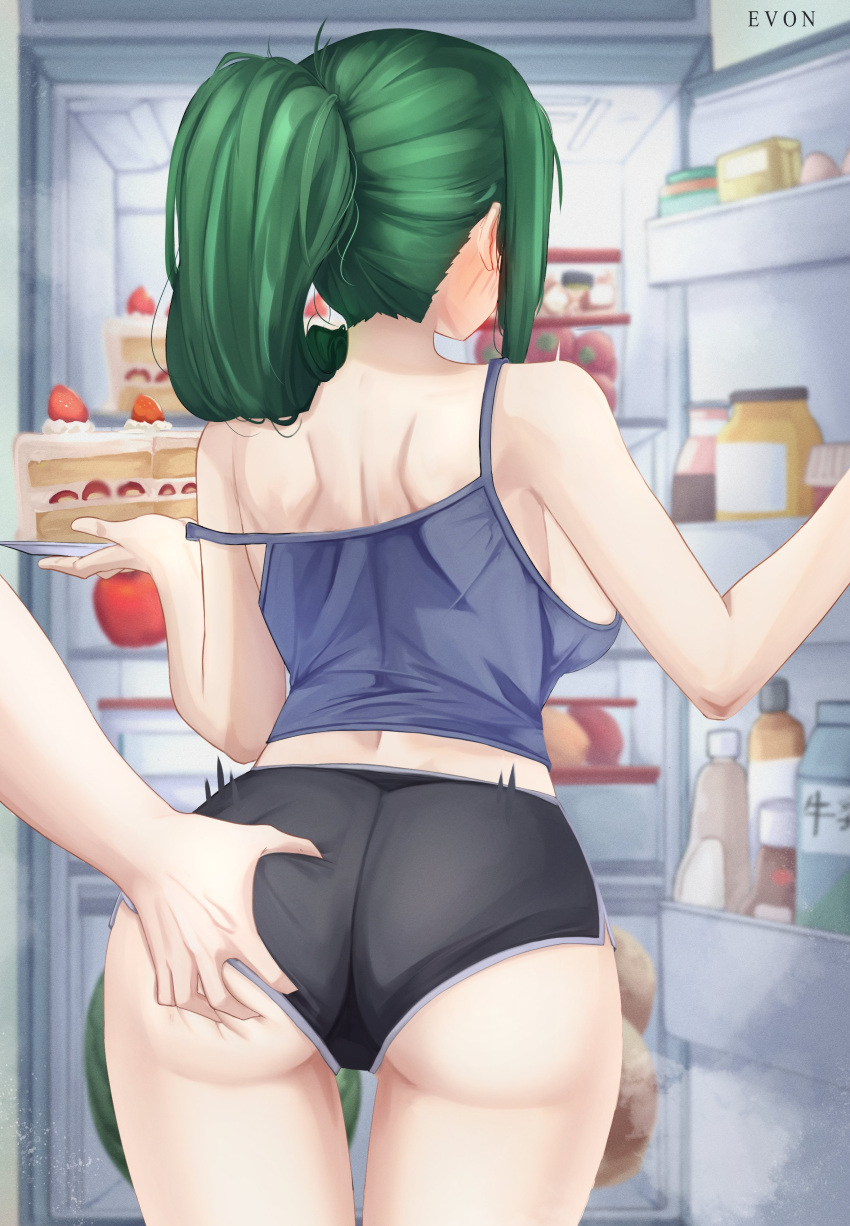 1boy 1girl absurdres akihitoevon ass ass_grab backboob black_buruma blue_camisole bottle breasts buruma cake camisole commentary crusch_karsten english_commentary food from_behind fruit grabbing grabbing_another's_ass grabbing_from_behind green_hair groping hetero highres holding holding_plate large_breasts long_hair natsuki_subaru plate ponytail re:zero_kara_hajimeru_isekai_seikatsu refrigerator sidelocks standing strawberry strawberry_shortcake