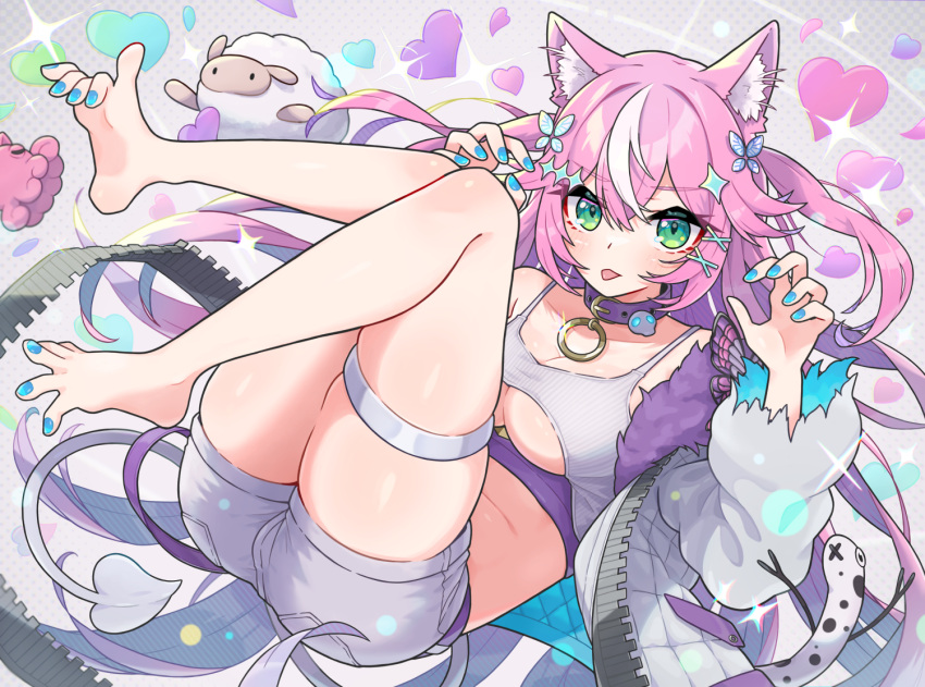 1girl alternate_costume animal_ear_fluff animal_ears barefoot belt belt_choker blue_nails blush breasts butterfly_hair_ornament camisole commentary_request feet feet_up full_body fur-trimmed_jacket fur_trim green_eyes hair_ornament hands_up jacket large_breasts long_hair long_sleeves looking_at_viewer muco_lita nail_polish nijisanji nijisanji_kr open_clothes open_jacket pink_hair purple_belt sheep shorts solo thigh_strap toenail_polish toenails tongue tongue_out very_long_hair virtual_youtuber white_camisole white_jacket white_shorts yang_nari