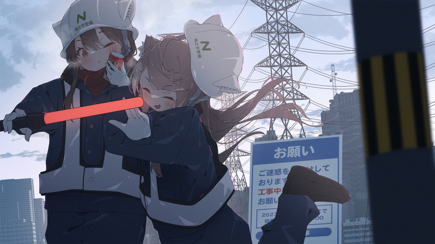 2girls animal_ears blush brown_eyes brown_hair building can closed_eyes construction_site day drink_can gloves helmet highres hoji_(hooooooooji1029) holding holding_can long_hair multiple_girls open_mouth original outdoors scarf transmission_tower white_gloves