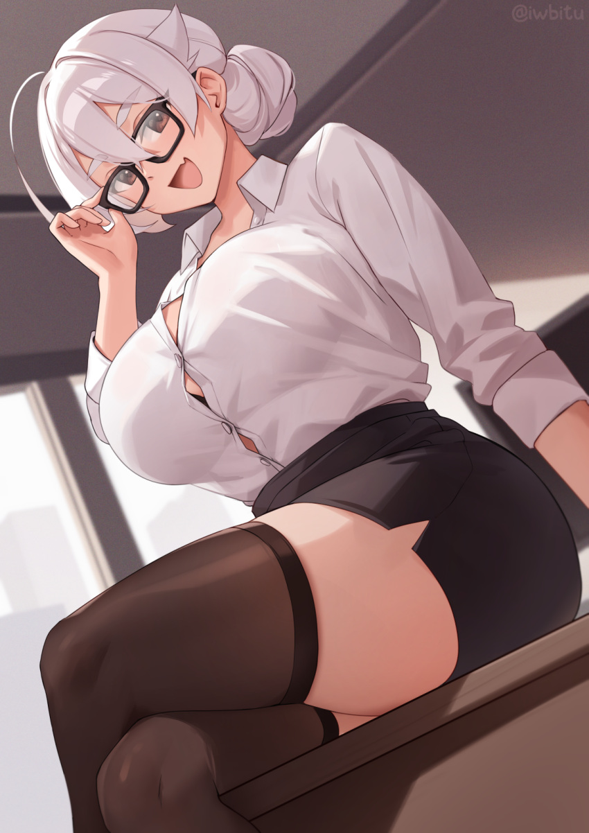 1girl ahoge black_skirt blush breasts brown_eyes brown_thighhighs collared_shirt glasses hair_bun highres iwbitu large_breasts long_hair long_sleeves looking_at_viewer nyopu office_lady open_mouth original pencil_skirt shirt single_hair_bun sitting skirt smile solo thighhighs white_hair white_shirt