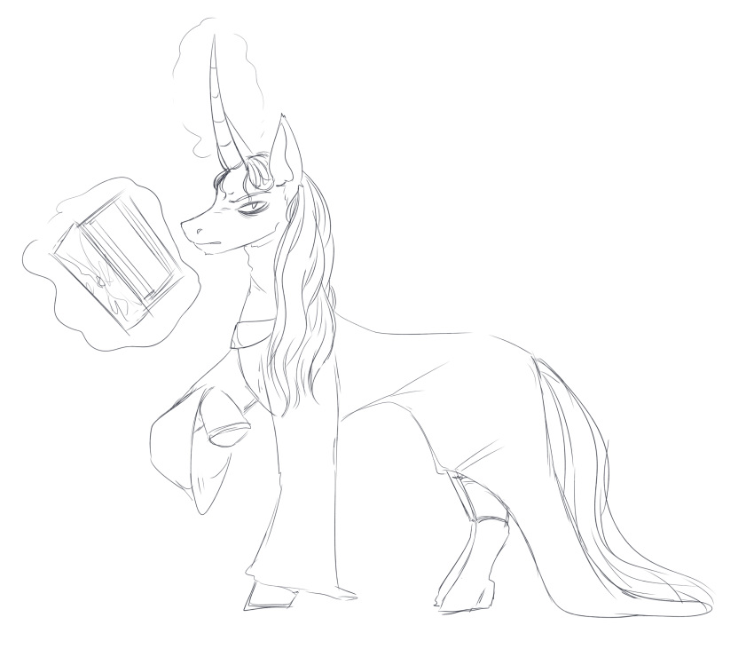 2024 4_legs black_and_white book clothing crossover enki_(fear_&amp;_hunger) equid equine eye_bags fear_and_hunger feral floofyhydra friendship_is_magic hair hasbro hi_res hooves horn horse levitating_object levitation long_hair long_horn long_neck looking_at_viewer magic male mammal monochrome my_little_pony pony ponyfied reading reading_book robe simple_background sketch solo standing tail telekinesis unicorn white_background