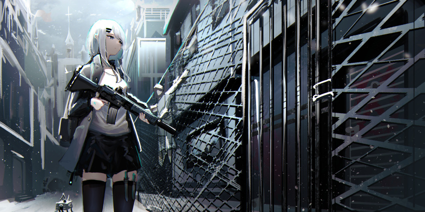 1girl absurdres backpack bag black_skirt black_thighhighs breasts chain-link_fence chinese_commentary cityscape commentary_request corpse fence finger_on_trigger grey_eyes grey_jacket gun hair_ornament hairclip highres holding holding_gun holding_weapon jacket lemtun long_hair miniskirt open_clothes open_jacket original parted_lips shirt sidelocks skirt small_breasts snow solo standing thighhighs variant_set weapon white_hair white_shirt zettai_ryouiki