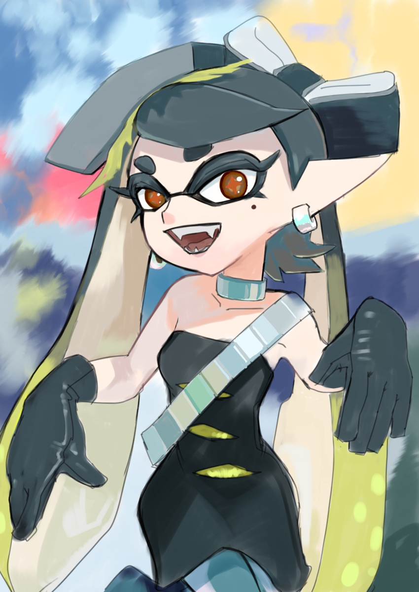 1girl black_dress black_gloves black_hair bow-shaped_hair brown_eyes callie_(splatoon) collarbone dress eyelashes food food_on_head gloves gradient_hair green_hair highres long_hair looking_at_viewer multicolored_hair object_on_head open_mouth pantyhose pointy_ears solo splatoon_(series) splatoon_3 star-shaped_pupils star_(symbol) strapless strapless_dress sushi symbol-shaped_pupils teeth tentacle_hair thick_eyebrows tombiham two-tone_hair