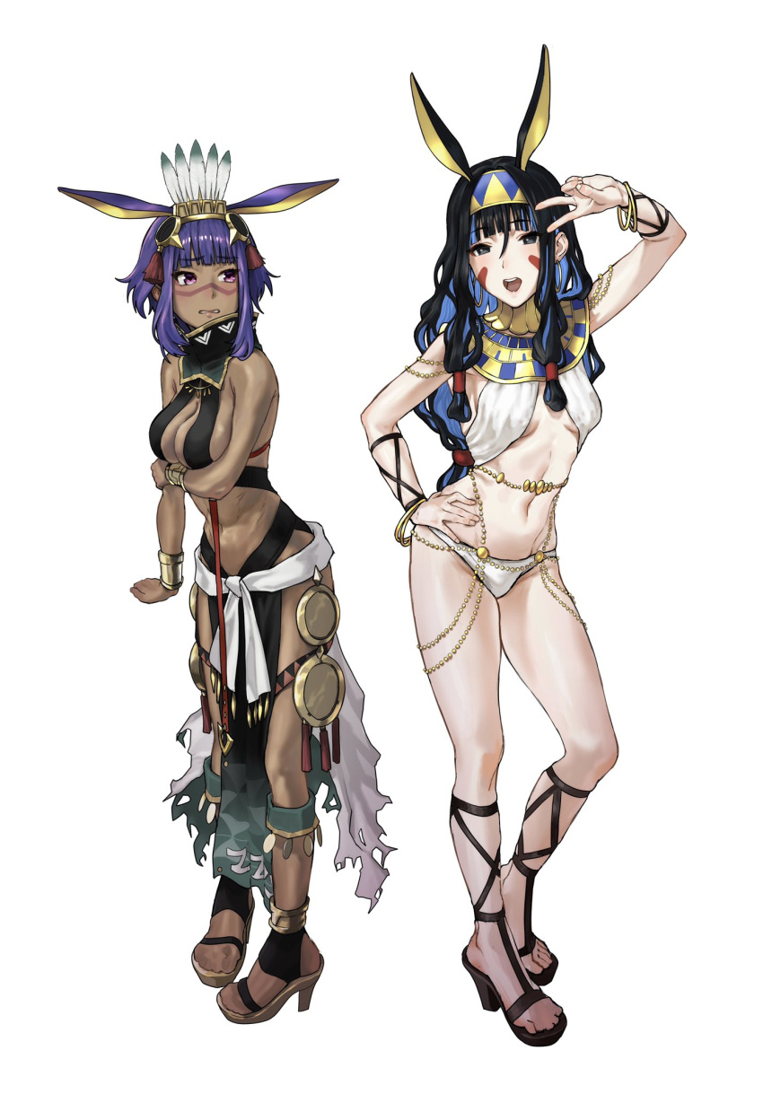 2girls animal_ears bare_shoulders black_hair blue_hair blush breasts colored_inner_hair cosplay costume_switch dark-skinned_female dark_skin earrings facepaint facial_mark fate/grand_order fate_(series) grey_eyes hairband highres hoop_earrings jackal_ears jewelry long_hair looking_at_viewer makeup medium_breasts multicolored_hair multiple_girls navel nitocris_(fate) panties purple_eyes purple_hair short_hair sidelocks small_breasts smile tenochtitlan_(fate) tonko_from underwear white_panties