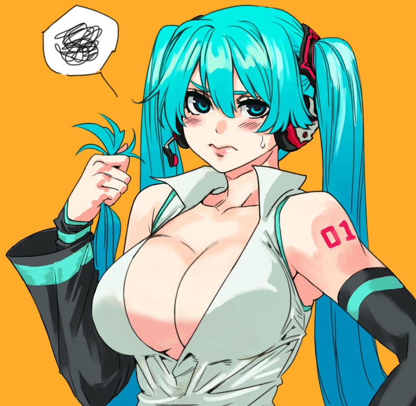 alternate_breast_size aqua_eyes aqua_hair archvermin blush breasts cleavage commentary detached_sleeves frown hatsune_miku headset highres large_breasts long_hair looking_at_viewer orange_background solo spoken_squiggle squiggle sweatdrop twintails upper_body vocaloid