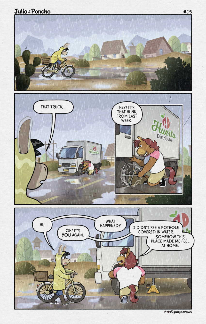 2023 anthro asinus bicycle bottomwear brown_body car clothing coat comic detailed_background dialogue donkey duo english_text equid equine guayodraws hi_res horse julio_(julio_&amp;_poncho) male mammal outside poncho_(julio_&amp;_poncho) raincoat raining shirt shorts text topwear vehicle wet