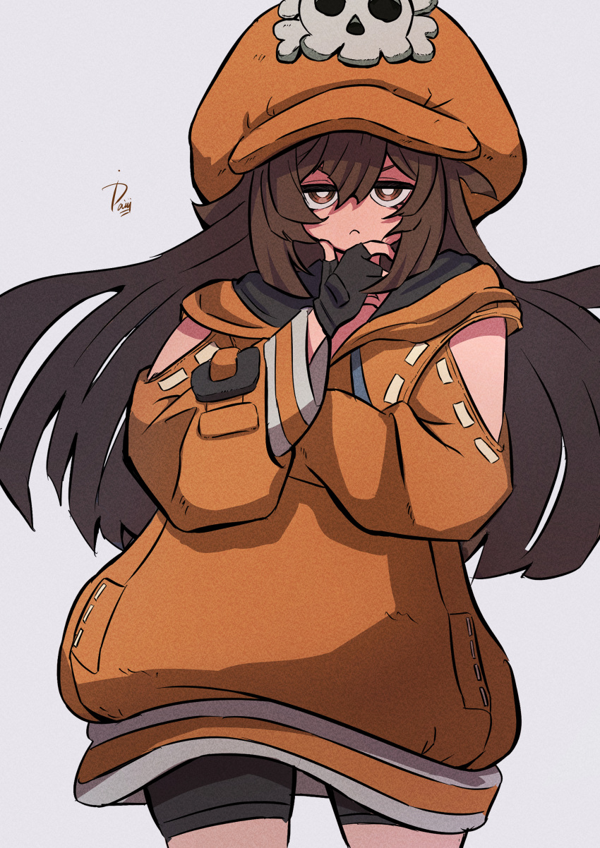 1girl absurdres baggy_clothes black_shorts brown_eyes brown_hair cabbie_hat closed_mouth cowboy_shot guilty_gear guilty_gear_strive hair_between_eyes hat highres ida_(idalol490) jacket long_sleeves looking_at_viewer may_(guilty_gear) orange_headwear orange_jacket shorts skull_and_crossbones solo white_background