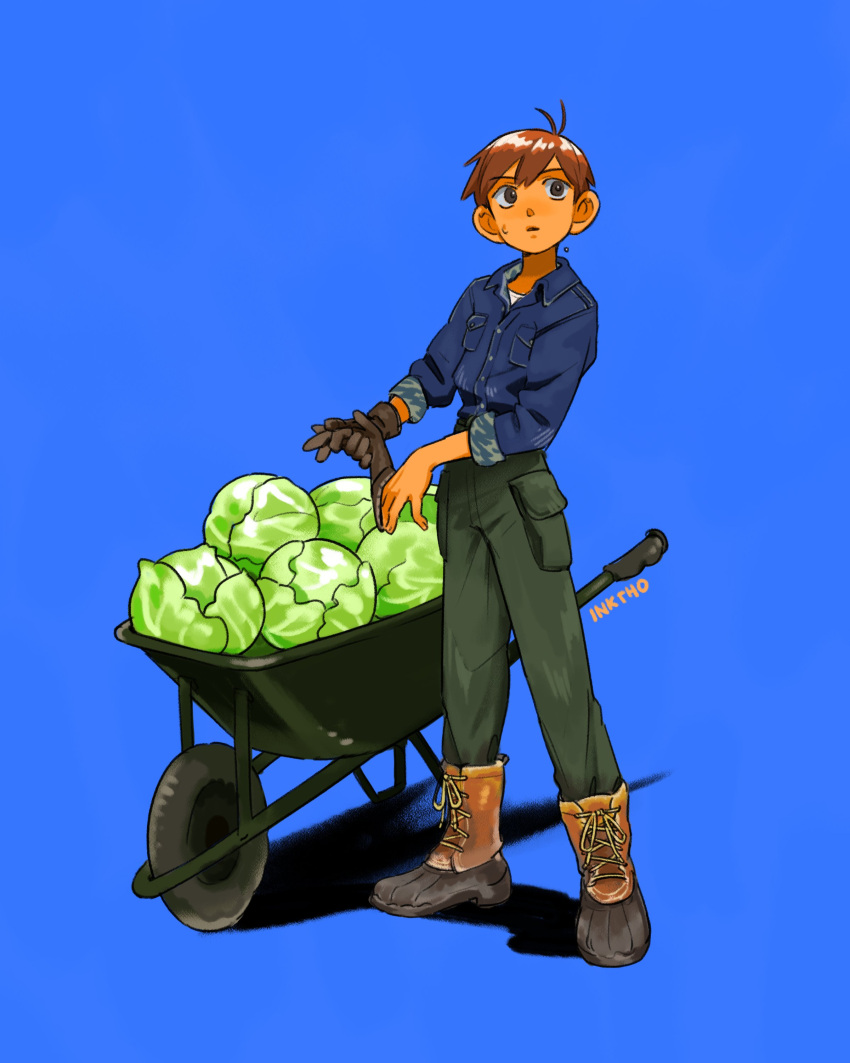 1boy absurdres ahoge artist_name black_gloves blue_background blue_shirt boots brown_eyes brown_hair cabbage chilchuck_tims denim denim_jacket dungeon_meshi full_body gloves highres jacket katy_ho male_focus shirt short_hair simple_background solo sweat wheelbarrow