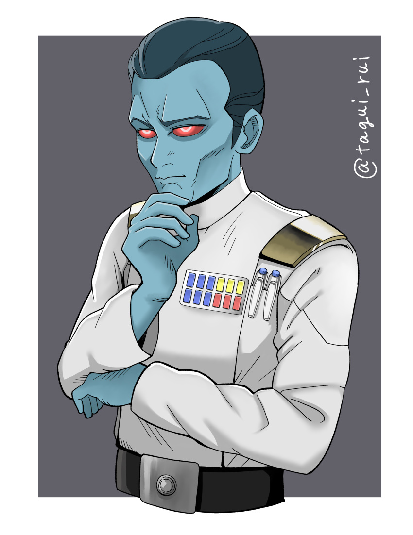 1boy absurdres alien animification belt blue_hair blue_skin colored_skin commentary_request galactic_empire grand_admiral_thrawn grey_background hand_on_own_chin highres king military_uniform red_eyes science_fiction signature spoilers star_wars star_wars:_ahsoka star_wars:_rebels uniform upper_body user_rhkk8755