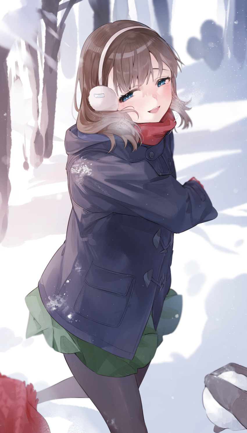 1girl 1other black_pantyhose blue_coat blush breath brown_hair coat duffel_coat earmuffs green_skirt highres hood hooded_coat idolmaster idolmaster_cinderella_girls koyo_akio looking_at_viewer out_of_frame outdoors pantyhose pov pov_hands red_scarf sakuma_mayu scarf skirt smile snow snowball throwing