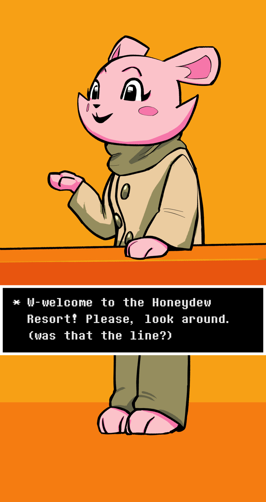 absurd_res anthro bear black_nose blush clothed clothing countertop facial_tuft female hi_res honeydew_shopkeeper kirbugo mammal smile solo text_box undertale undertale_(series) undertale_yellow ursine