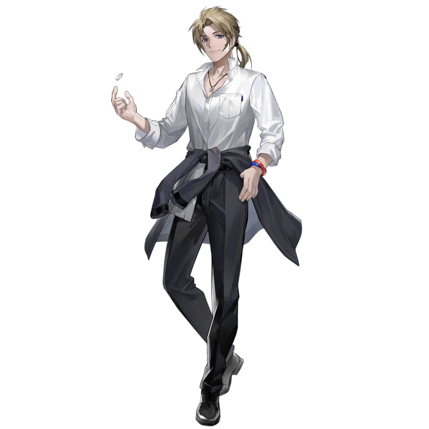 1boy artist_request belt black_footwear black_pants blonde_hair blue_wristband breast_pocket closed_mouth clothes_around_waist coin coin_flip collared_shirt dog_tags ear_piercing full_body girls'_frontline hand_in_pocket highres jacket jacket_around_waist long_hair long_sleeves looking_at_viewer male_focus multiple_wristbands official_art pants piercing pocket ponytail purple_eyes ramzan_(girls'_frontline) red_wristband shirt shoes simple_background smile solo standing third-party_source transparent_background white_shirt