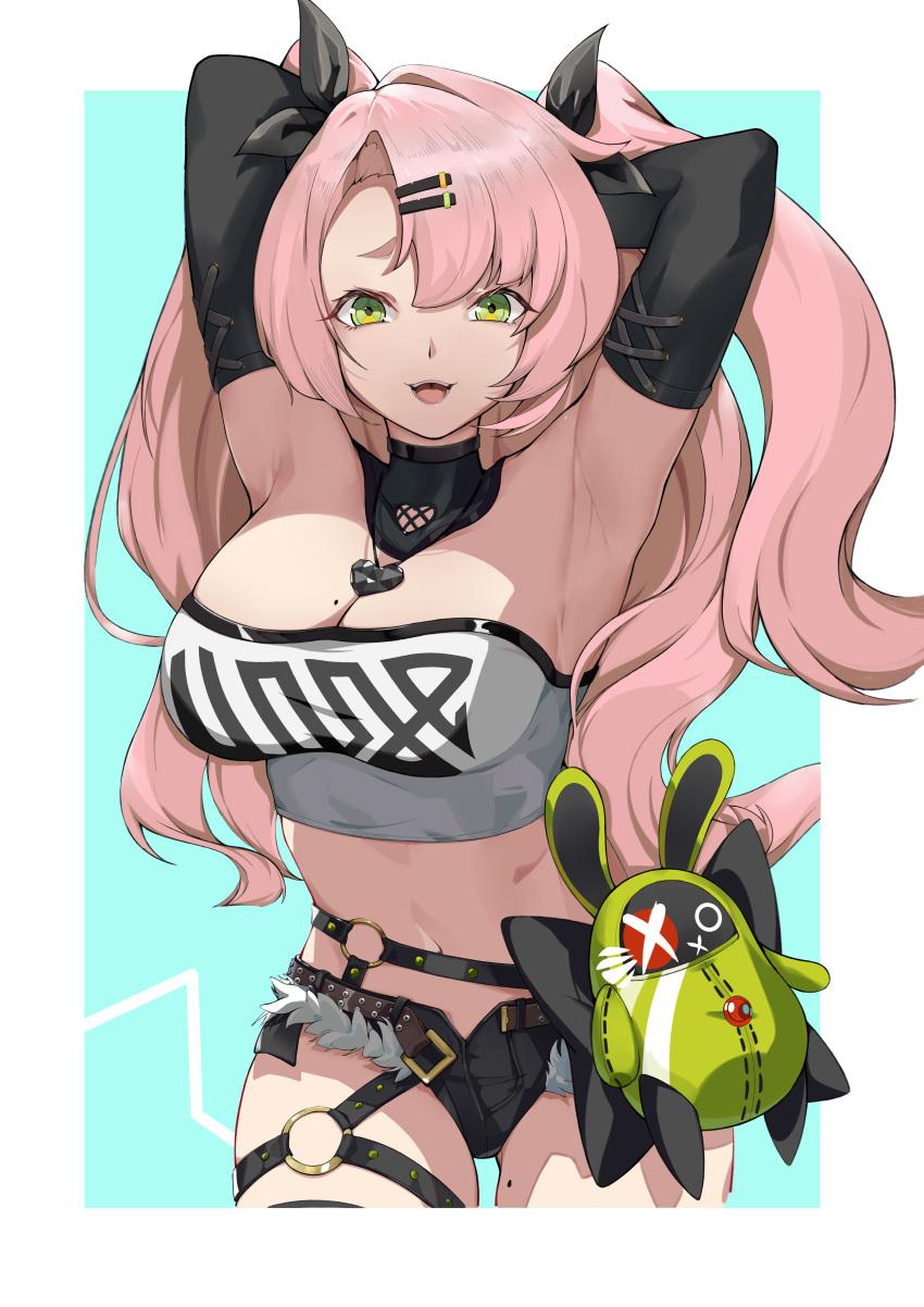 1girl :d absurdres armpits arms_up bare_shoulders black_shorts breasts cleavage commentary_request cowboy_shot elbow_gloves gloves green_eyes hair_ornament hair_ribbon hairclip highres large_breasts long_hair looking_at_viewer micro_shorts midriff navel nicole_demara open_fly open_mouth pink_hair ribbon shorts smile solo standing stomach strapless suxi_(user_pjzz2244) tube_top two_side_up very_long_hair zenless_zone_zero