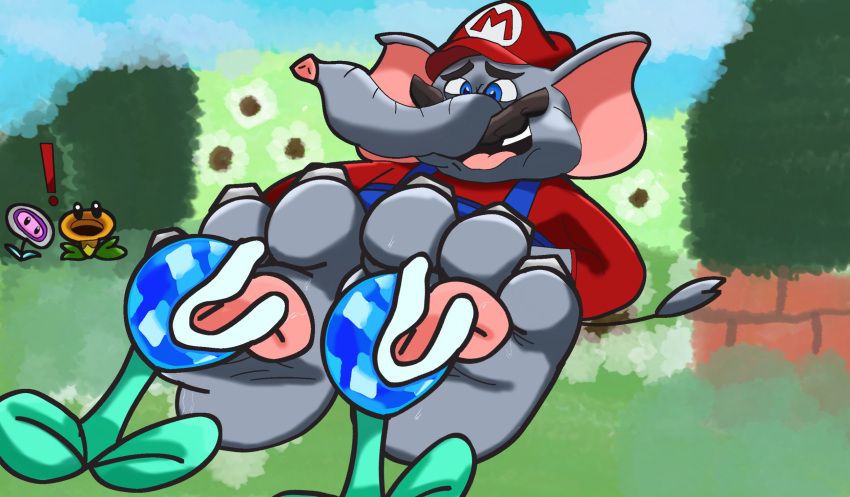 blue_overalls bubble_blower clothing elemental_creature elephant elephant_mario elephantid feet flora_fauna fluffyautomaton foot_fetish foot_focus foot_lick foot_play hi_res laugh licking mammal mario mario_bros nintendo piranha_plant plant proboscidean red_cap red_clothing red_shirt red_topwear shirt talking_flower_(super_mario_bros_wonder) tickling tickling_feet tongue tongue_out topwear