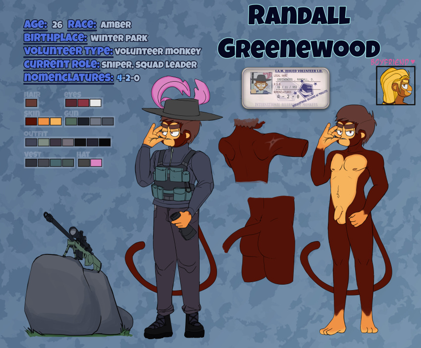 absurd_res anthro bullet_wound butt clothing foreskin genitals gun haplorhine hat headgear headwear hi_res male mammal military_clothing model_sheet monkey nude penis primate randall_greenewood_(sergiovintorez) ranged_weapon rifle rock sergiovintorez sniper sniper_rifle solo tagme weapon