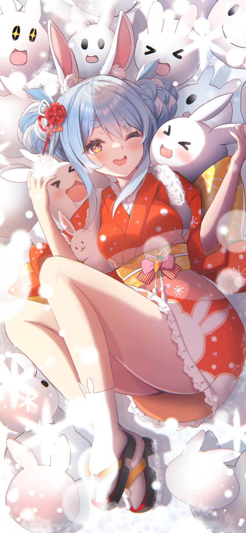 1girl absurdres animal_ears blue_hair braid breasts hair_ornament highres hololive japanese_clothes kimono looking_at_viewer multicolored_hair open_mouth rabbit rabbit_ears rabbit_girl red_eyes red_kimono small_breasts smile solo terra_bose twin_braids two-tone_hair usada_pekora virtual_youtuber white_hair