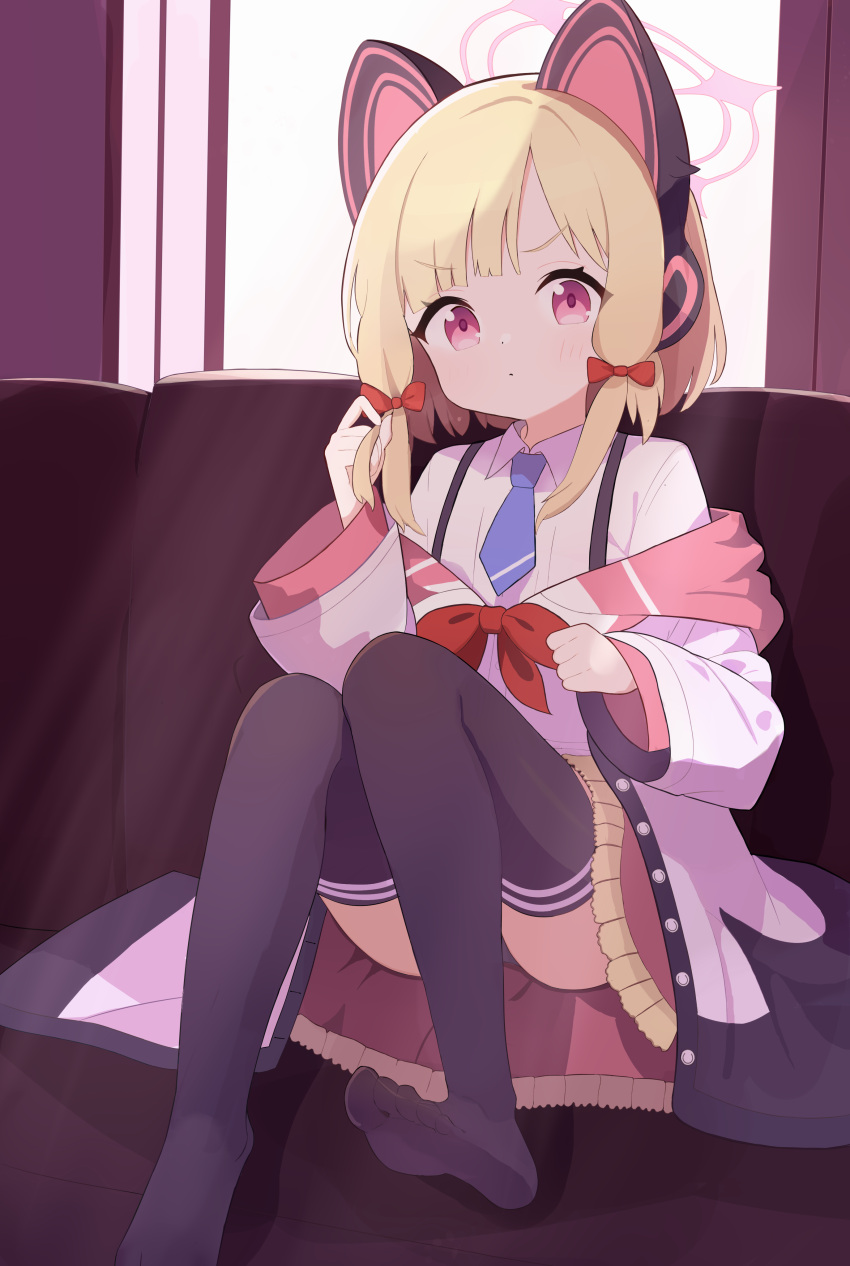 1girl absurdres animal_ear_headphones animal_ears black_panties black_thighhighs blonde_hair blue_archive blue_necktie bow cat_ear_headphones collared_shirt couch dot_mouth fake_animal_ears full_body furrowed_brow hair_bow halo hand_in_own_hair hand_up headphones highres jacket knees_up light_blush light_rays long_sleeves looking_at_viewer low-tied_sidelocks momoi_(blue_archive) necktie no_shoes off_shoulder on_couch panties pantyshot pink_eyes pink_halo red_bow red_skirt shirao_shiki shirt short_hair skirt soles sunlight thighhighs underwear white_jacket white_shirt