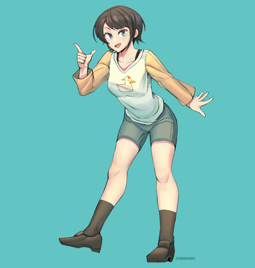 1girl :d aqua_background black_hair black_socks blue_eyes blush breasts brown_footwear character_print collarbone grey_shorts highres hololive kneehighs knees legs long_sleeves looking_at_viewer oozora_subaru open_mouth print_shirt raglan_sleeves shirt shoes short_hair shorts simple_background smile socks solo standing subaru_duck swept_bangs virtual_youtuber zarasaru