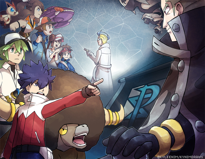 2girls 6+boys artist_name baseball_cap blonde_hair blue_jacket bouffalant brown_hair colress_(pokemon) fingerless_gloves genesect ghetsis_(pokemon) glasses gloves green_hair hat hilbert_(pokemon) hilda_(pokemon) hilda_(sygna_suit)_(pokemon) horns hugh_(pokemon) jacket ky-nim lab_coat multiple_boys multiple_girls n_(pokemon) nate_(pokemon) official_alternate_costume open_mouth pokemon pokemon_(creature) pokemon_bw pokemon_bw2 pokemon_masters_ex red_eyes rosa_(pokemon) shadow_triad team_plasma victini visor_cap