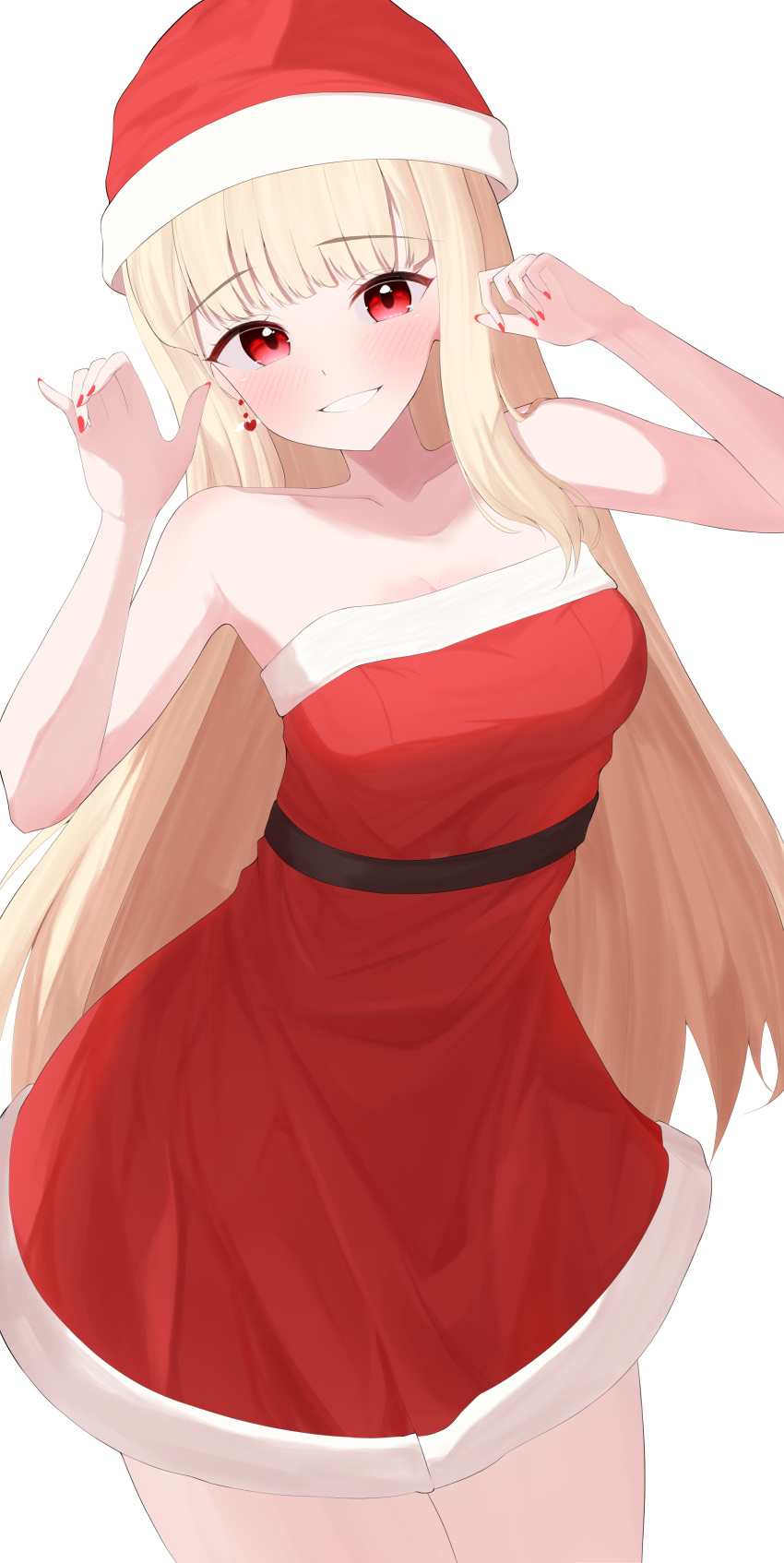 1girl absurdres bare_shoulders belt black_belt blonde_hair blush breasts christmas dress earrings fur-trimmed_dress fur-trimmed_headwear fur_trim grin hat heart heart_earrings highres jewelry jingburger long_hair medium_breasts nvem8738 red_dress red_eyes red_nails santa_dress santa_hat short_dress smile strapless strapless_dress tube_dress very_long_hair virtual_youtuber waktaverse