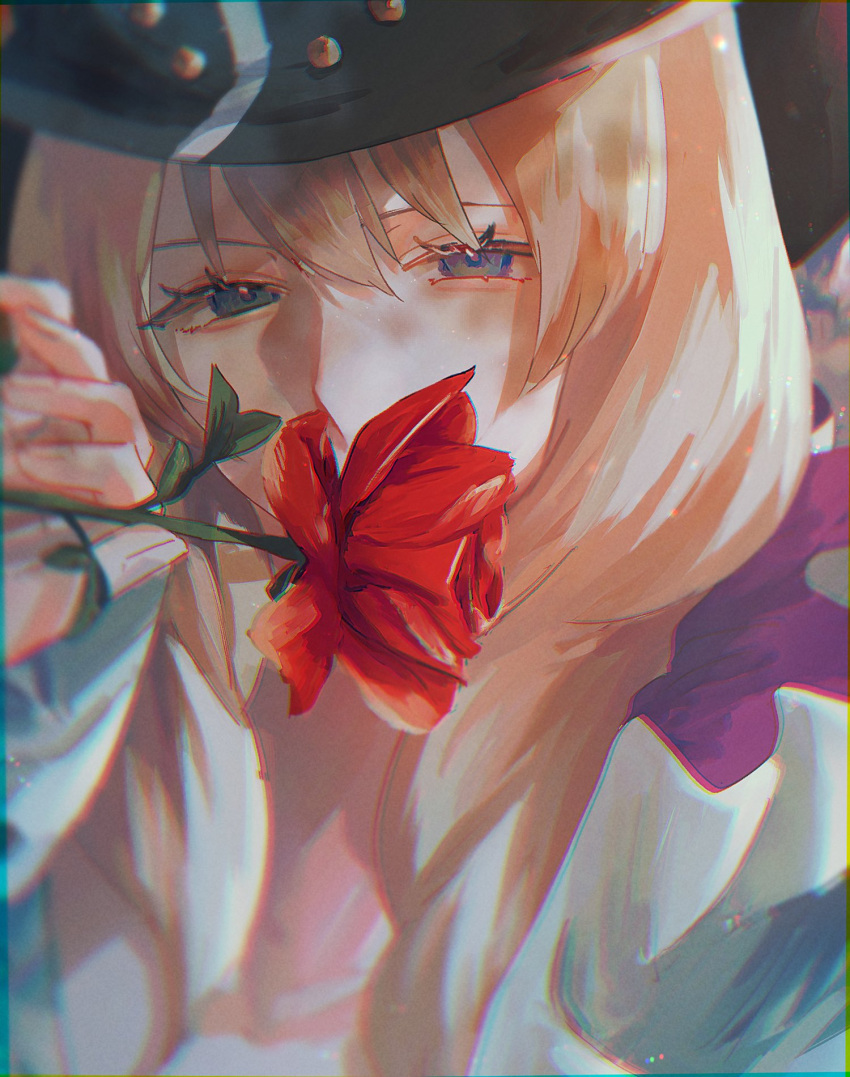 1boy blonde_hair blue_eyes cavendish close-up collared_coat english_commentary flower hair_between_eyes hat highres holding holding_flower long_hair looking_at_viewer machida_0906 male_focus one_piece red_flower red_rose rose solo