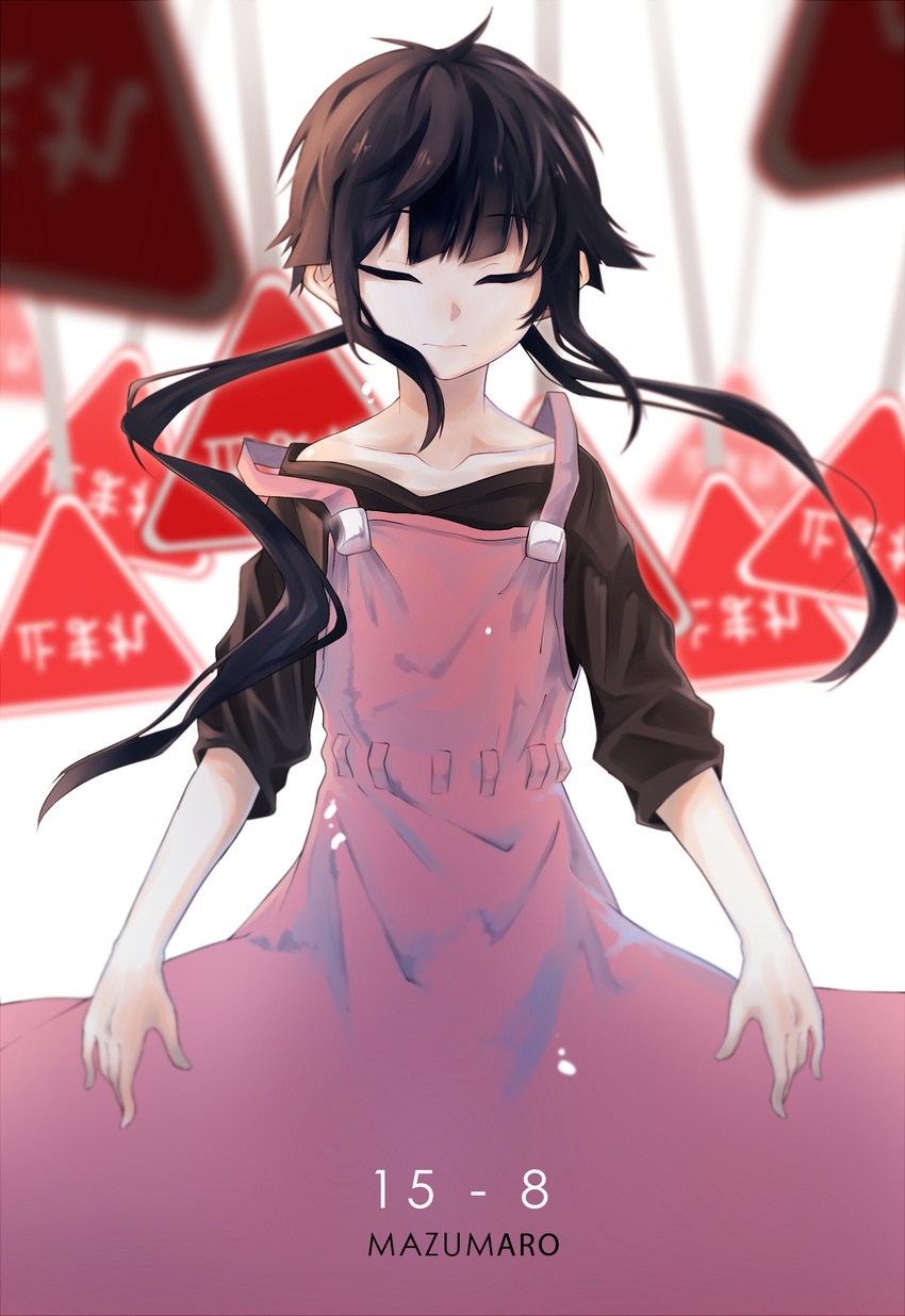 artist_name asahina_hiyori black_hair closed_eyes closed_mouth collarbone commentary dated dress eyebrows_visible_through_hair facing_viewer highres kagerou_project long_hair mazumaro pink_dress road_sign sign solo stop_sign twintails