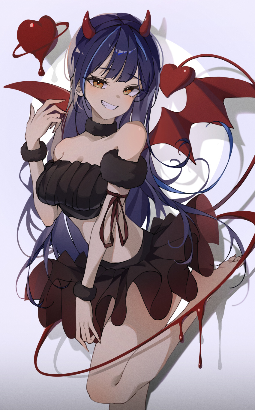 1girl absurdres arm_ribbon bandeau bare_shoulders barefoot black_skirt black_tube_top blood blue_hair breasts dark_blue_hair demon_girl demon_horns demon_tail demon_wings fur_collar gradient_skirt greeen_891 grin halloween heart highres horns lilpa long_hair looking_at_viewer medium_breasts melting_heart midriff miniskirt multicolored_hair orange_eyes red_horns red_skirt red_tail red_wings ribbon skirt smile solo standing standing_on_one_leg strapless streaked_hair tail tube_top very_long_hair virtual_youtuber waktaverse wings