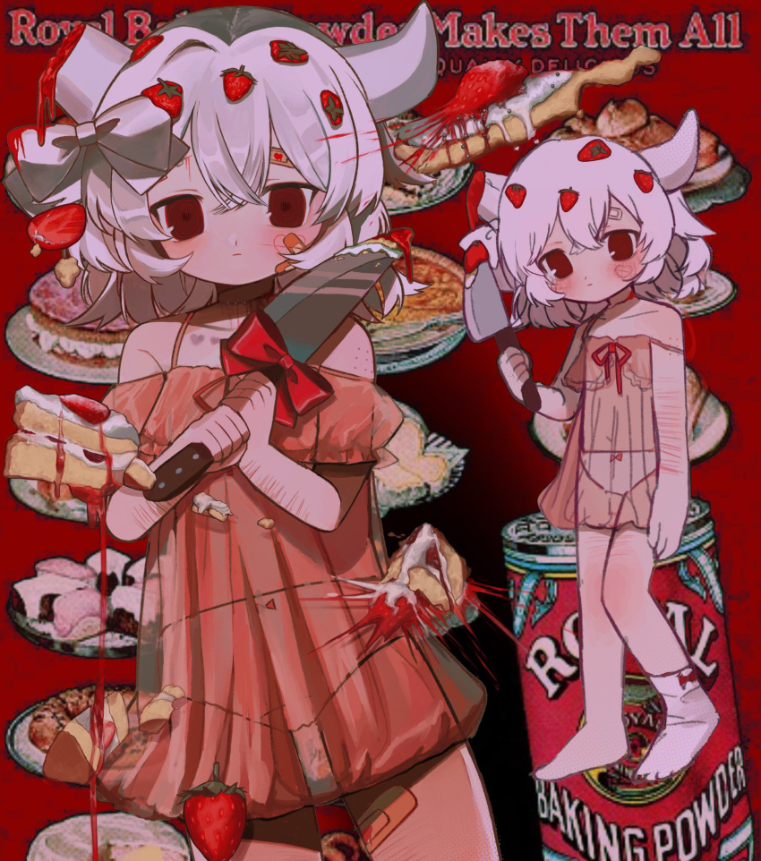 1girl babydoll baking_powder bandaid bandaid_on_face blush broken_horn cake cuts expressionless flat_chest food food-themed_hair_ornament full_body hair_ornament highres holding holding_knife horns injury knife looking_at_viewer mercure_1104 multiple_views original panties red_eyes short_hair strawberry_hair_ornament underwear white_hair white_panties