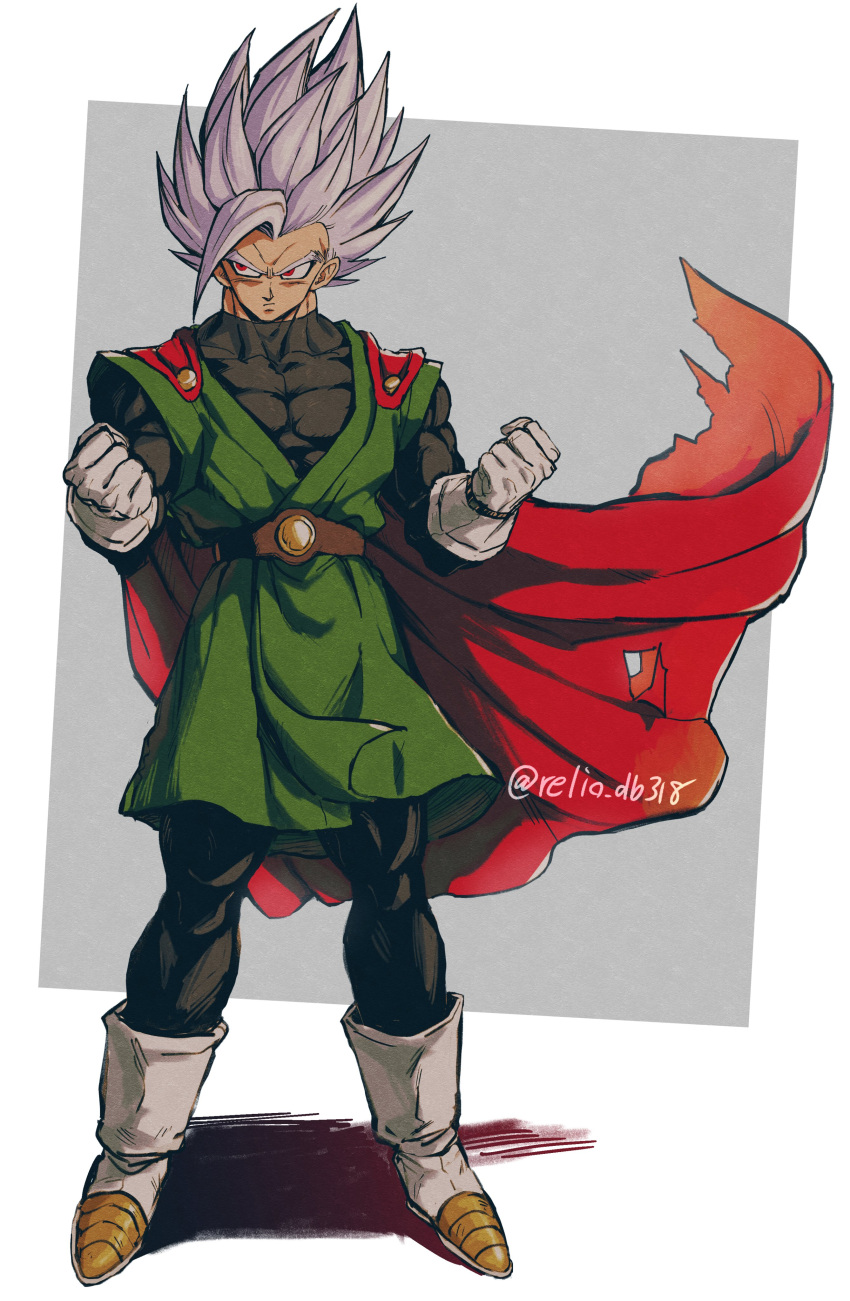 absurdres black_bodysuit bodysuit boots cape dragon_ball dragon_ball_super dragon_ball_super_super_hero gloves gohan_beast great_saiyaman highres medium_hair red_cape red_eyes relio_db318 simple_background son_gohan spiked_hair twitter_username white_footwear white_gloves white_hair