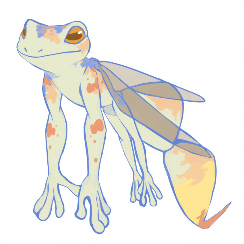 1:1 ambiguous_gender amphibian arthropod corzh77 feral frog green_body hi_res horizontal_pupils hybrid markings mouth_closed orange_eyes orange_markings pupils simple_background solo three-quarter_view white_background wings