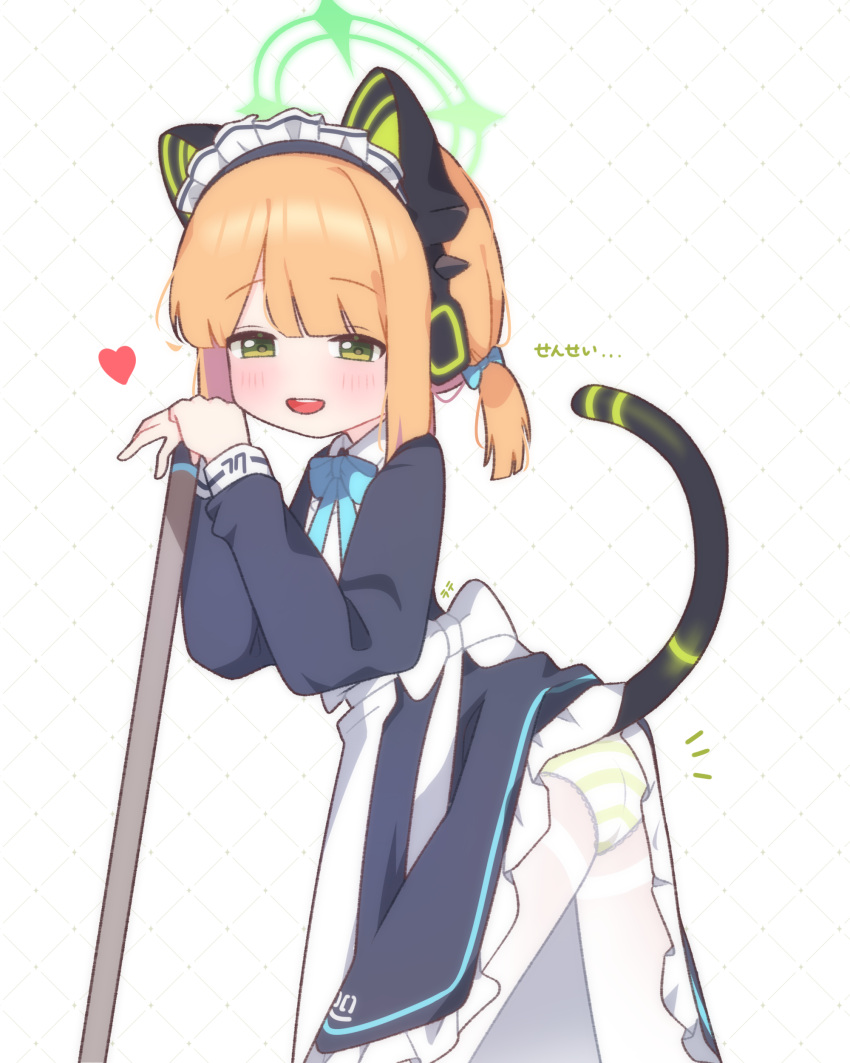 1girl absurdres animal_ear_headphones animal_ears ass back_bow black_dress blonde_hair blue_archive blue_bow blue_bowtie blush bow bowtie cat_ear_headphones cat_ears cat_tail commentary dress fake_animal_ears green_eyes green_halo green_panties hair_bow halo headphones heart highres lattes2 leaning_forward long_sleeves looking_at_viewer maid maid_headdress midori_(blue_archive) midori_(maid)_(blue_archive) official_alternate_costume open_mouth panties panties_under_pantyhose pantyhose short_twintails solo striped_clothes striped_panties tail teeth thighband_pantyhose translated twintails underwear upper_teeth_only white_pantyhose