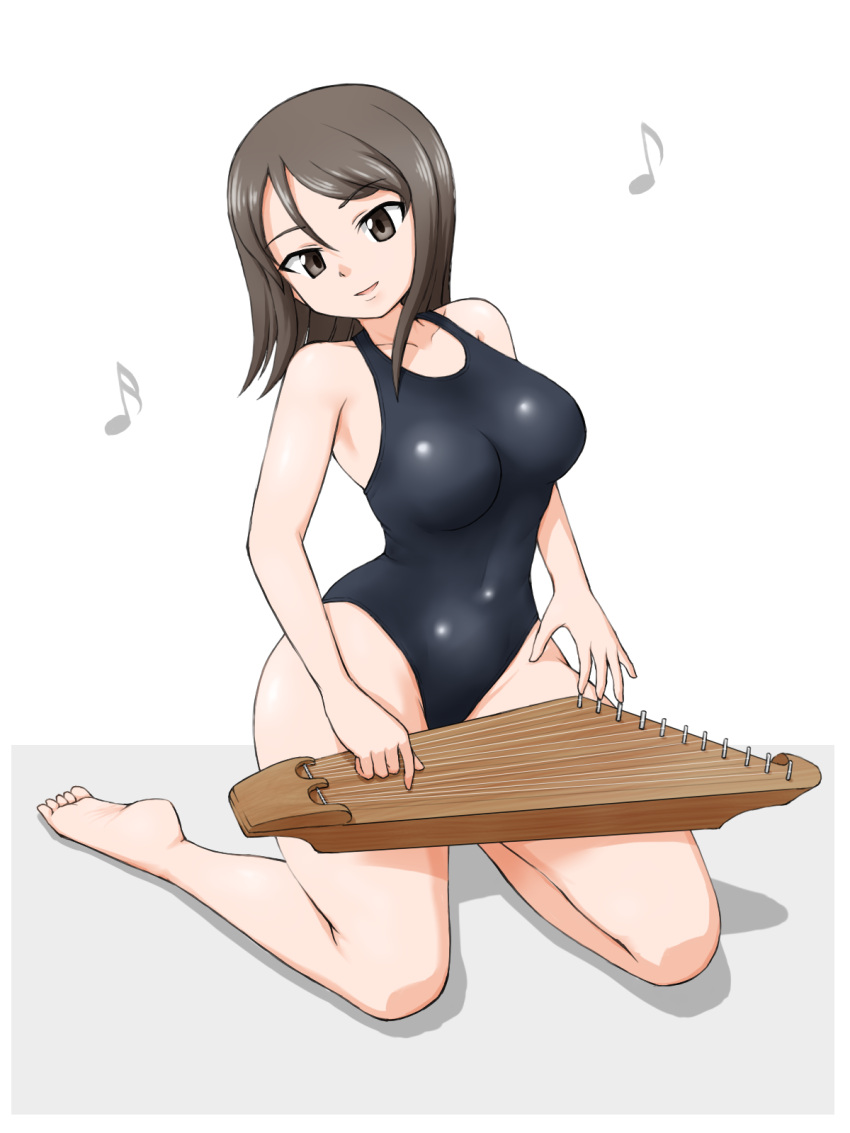 1girl barefoot black_one-piece_swimsuit breasts brown_eyes brown_hair commentary covered_navel eighth_note girls_und_panzer head_tilt highres holding holding_instrument instrument kantele long_hair looking_at_viewer medium_breasts mika_(girls_und_panzer) music musical_note no_headwear one-piece_swimsuit open_mouth playing_instrument sitting sixteenth_note smile solo swimsuit wariza yass_hero