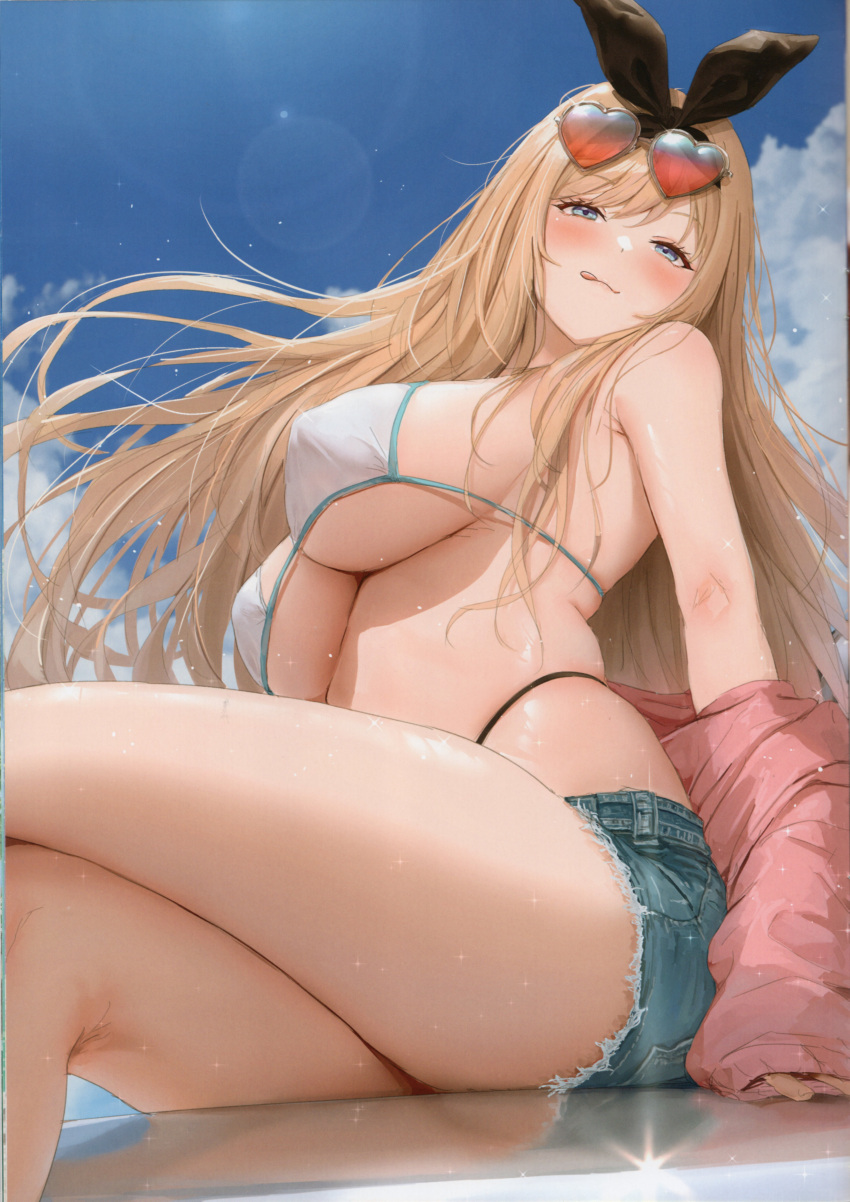 1girl absurdres akita_hika bare_shoulders bikini bikini_top_only blonde_hair blue_eyes blue_sky blush breasts cloud cloudy_sky crossed_legs day eyewear_on_head heart heart-shaped_eyewear highres large_breasts long_hair looking_at_viewer off_shoulder original outdoors reflection scan shiny_skin short_shorts shorts sky smile solo sunlight swimsuit thighs tongue tongue_out