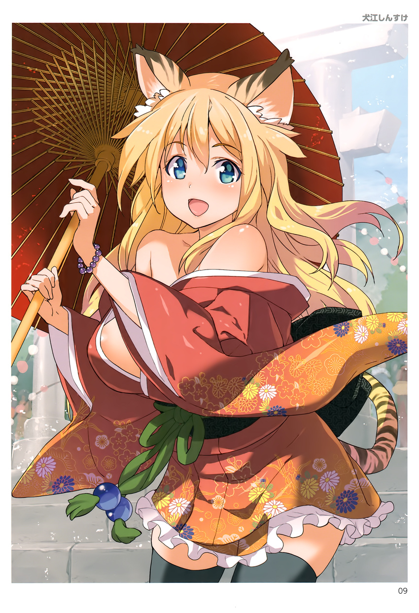 :d absurdres animal_ears areola_slip areolae artist_name bare_shoulders black_legwear blonde_hair blue_eyes bracelet breasts cowboy_shot eyebrows_visible_through_hair floral_print frill_trim highres inue_shinsuke japanese_clothes jewelry kimono large_breasts long_hair obi off_shoulder open_mouth oriental_umbrella outdoors page_number sash scan short_kimono smile solo tail thighhighs tiger_ears tiger_tail toranoana umbrella