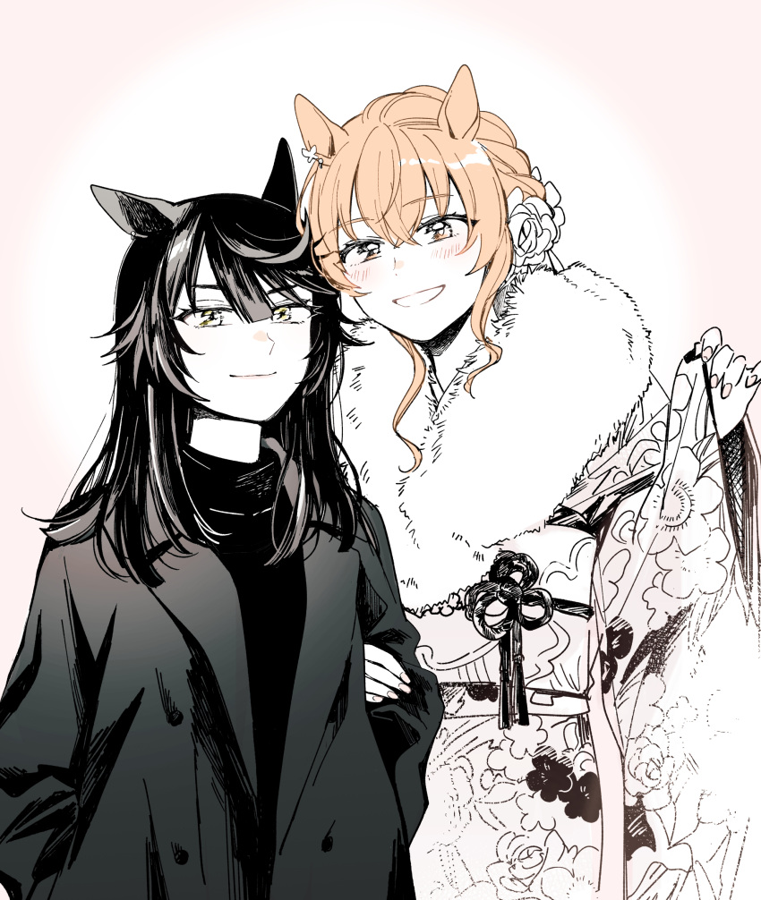 2girls alternate_costume alternate_height animal_ears arm_hug black_hair blush closed_mouth coat flower fur-trimmed_kimono fur_trim greyscale hair_down hair_flower hair_ornament hand_up highres horse_ears japanese_clothes kimono long_hair long_sleeves looking_at_viewer mayano_top_gun_(umamusume) monochrome multiple_girls narita_brian_(umamusume) obi open_mouth orange_eyes orange_hair sash shirt short_hair smile spot_color umamusume upper_body wide_sleeves yellow_eyes yonu_(yonurime)