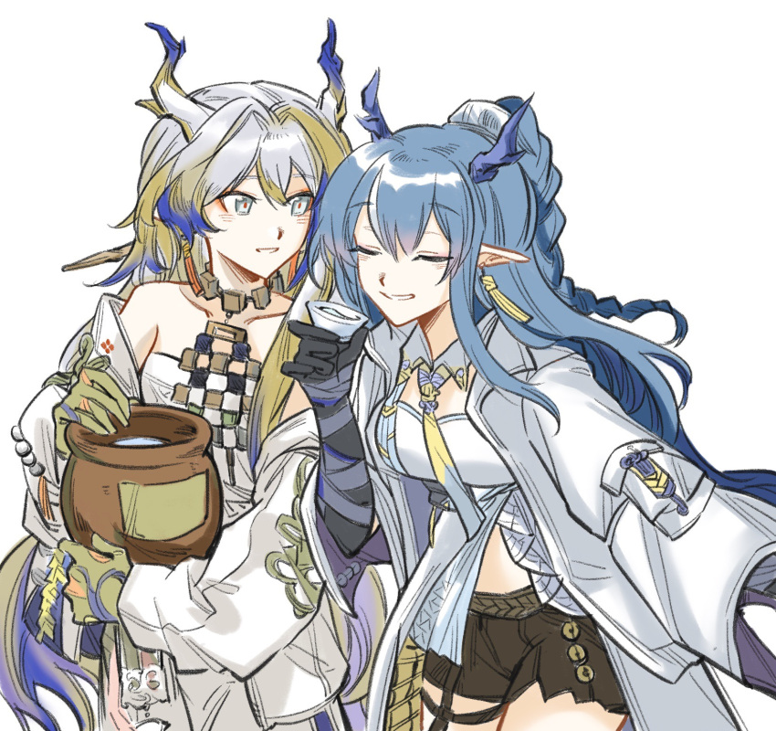 2girls alcohol arknights bandaged_arm bandages bare_shoulders blonde_hair blue_hair brown_shorts chinese_commentary choko_(cup) closed_eyes coat collarbone commentary_request cowboy_shot cup dragon_girl dragon_horns grey_eyes grey_hair grey_horns grin hair_intakes hand_up hatching_(texture) highres holding horns jewelry jiakongshijie566 leaning_forward linear_hatching ling_(arknights) long_hair long_sleeves looking_at_another multicolored_hair multiple_girls necktie off_shoulder open_clothes open_coat pointy_ears puffy_long_sleeves puffy_sleeves purple_horns red_pupils sake shorts shu_(arknights) simple_background smile standing turning_head white_background white_coat white_necktie yellow_horns