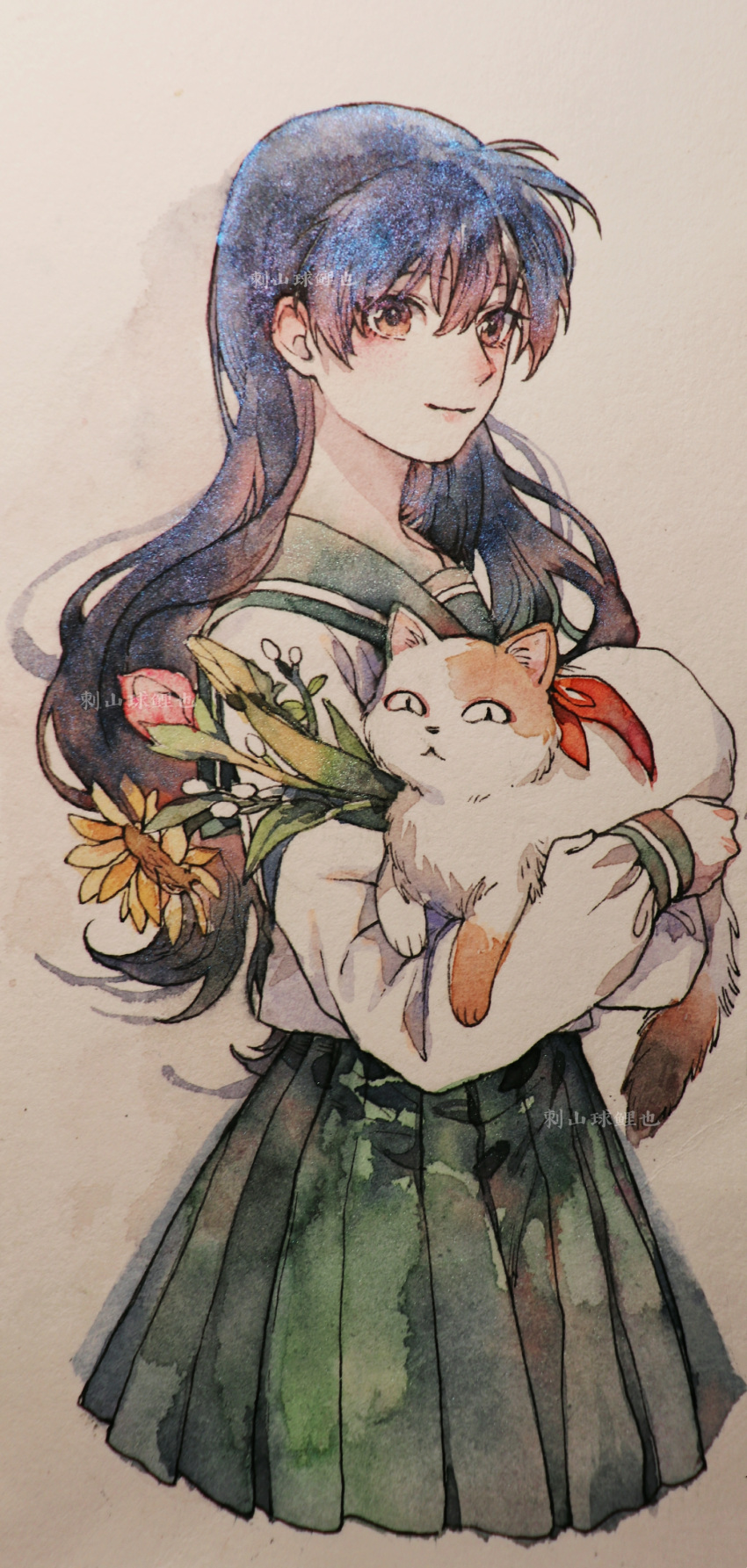 1girl absurdres animal black_hair bouquet brown_eyes buyo_(inuyasha) cat chinese_commentary commentary_request cropped_legs flower green_sailor_collar green_skirt highres higurashi_kagome holding holding_animal holding_cat inuyasha leaf long_hair long_sleeves neckerchief painting_(medium) pink_flower puffy_long_sleeves puffy_sleeves red_neckerchief roocnutfish sailor_collar school_uniform serafuku skirt sleeve_cuffs smile sunflower traditional_media upper_body watercolor_(medium) yellow_flower