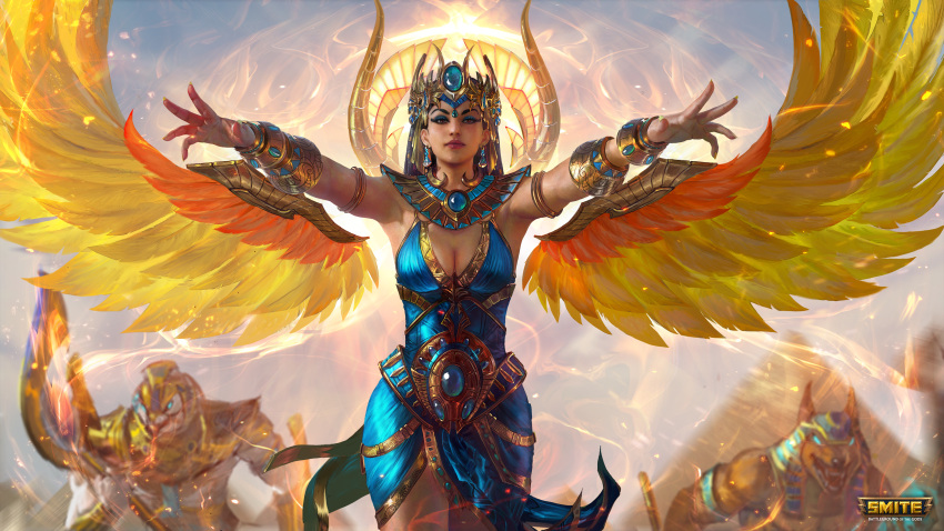 1girl absurdres anubis_(mythology) bare_shoulders blue_dress bracelet breasts brown_eyes cleavage copyright_name crown dress earrings egyptian egyptian_mythology feathered_wings highres horus_(mythology) isis_(smite) isis_(smite)_(mastery) jaggudada jewelry logo looking_at_viewer medium_breasts official_alternate_costume orange_wings outdoors smite wings yellow_wings