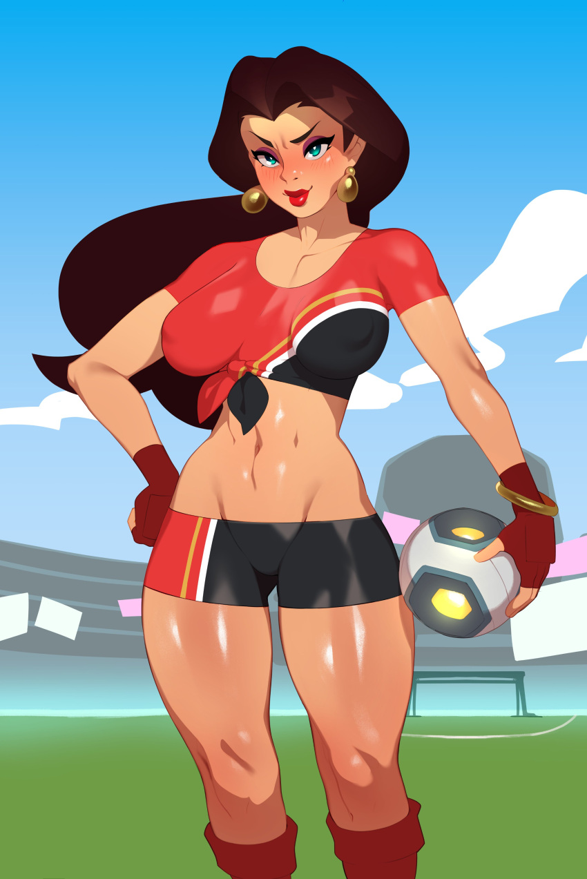 1girl absurdres adapted_costume ball black_shirt black_shorts blue_sky blush breasts brown_hair cloud combos_&amp;_doodles day earrings fingerless_gloves gloves grass green_eyes hand_on_own_hip highres holding holding_ball jewelry large_breasts long_hair mario_(series) navel official_alternate_costume outdoors pauline_(mario) red_gloves red_lips red_shirt red_shorts shiny_skin shirt short_shorts short_sleeves shorts sky soccer_field solo super_mario_strikers tied_shirt two-tone_shirt two-tone_shorts