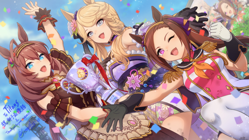 3girls animal_ears ascot bare_shoulders black_gloves blonde_hair blue_eyes blue_sky brown_hair dutch_angle flower flower-shaped_pupils flower_in_eye gloves gold_city_(akizakura_danzatrice)_(umamusume) gold_city_(umamusume) gold_hairband hair_flower hair_ornament hairband high_ponytail highres horse_ears horse_girl japanese_clothes kimono long_hair looking_at_viewer low_ponytail mihono_bourbon_(code:glassage)_(umamusume) mihono_bourbon_(umamusume) multiple_girls one_eye_closed orange_ascot purple_eyes purple_kimono sakura_bakushin_o_(umamusume) shinmai_(kyata) sky sleeveless sleeveless_kimono smile symbol-shaped_pupils symbol_in_eye umamusume white_gloves