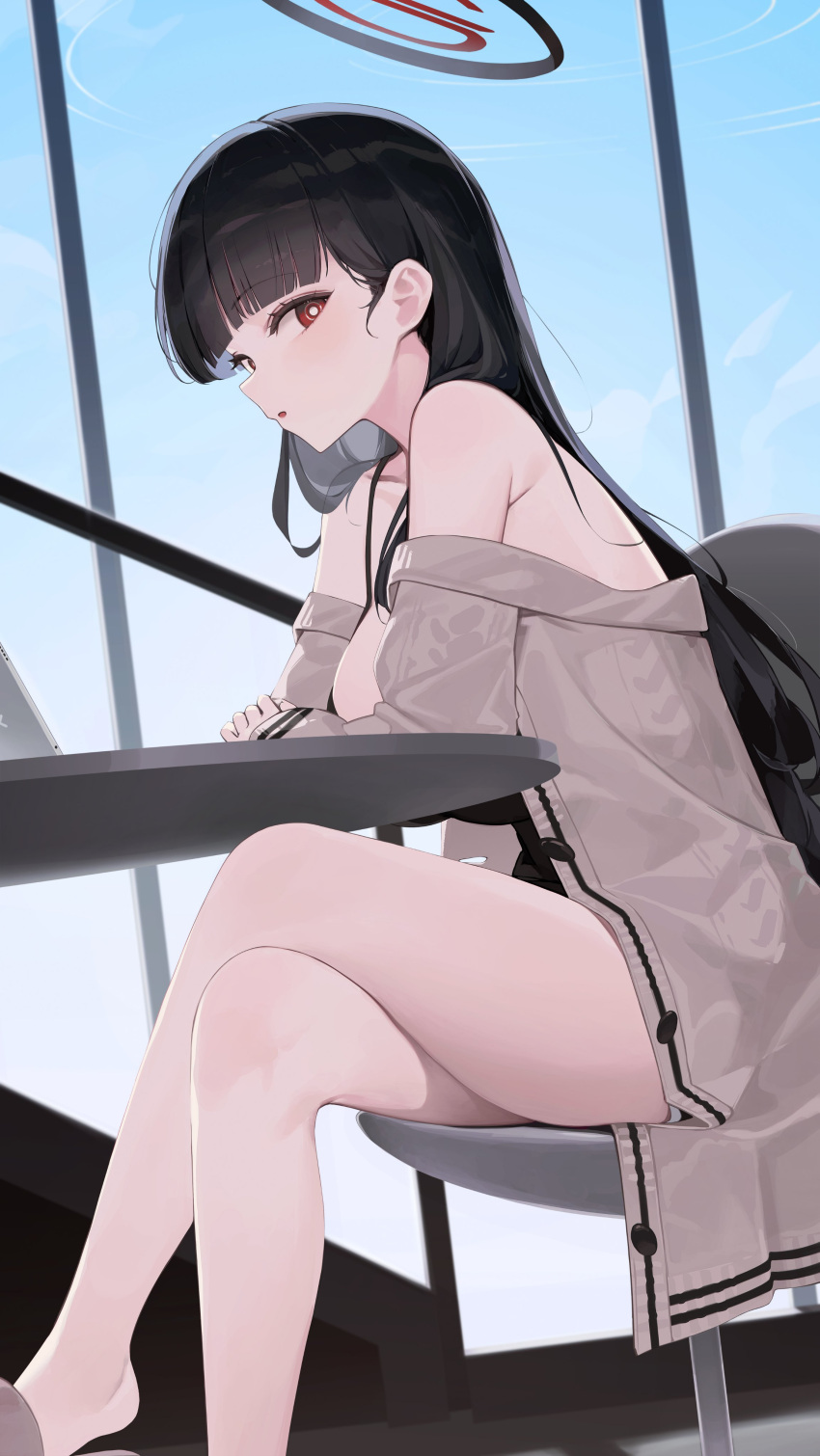 1girl absurdres alternate_costume bare_shoulders black_camisole black_hair black_shorts blue_archive blue_sky blunt_bangs breasts bright_pupils camisole crossed_legs elbow_on_table from_side grey_jacket hashtag_only_commentary highres indoors jacket jenil large_breasts long_hair long_sleeves looking_at_viewer off_shoulder on_chair open_clothes open_jacket open_mouth red_eyes rio_(blue_archive) round_table shorts sideways_glance sitting sky solo table thighs white_pupils