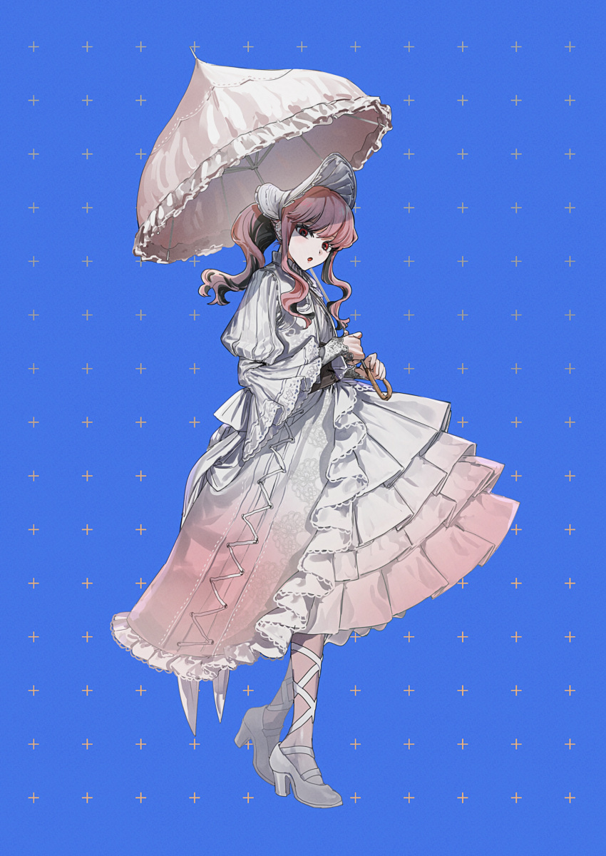 1boy :o absurdres black_hair blue_background bonnet colored_inner_hair commentary corset cross-laced_clothes crossdressing dress frilled_dress frilled_sleeves frills from_side full_body gradient_dress high_heels highres holding holding_umbrella jacket juliet_sleeves layered_dress leg_ribbon lolita_fashion long_hair long_sleeves looking_at_viewer looking_to_the_side male_focus medium_dress multicolored_hair original otoko_no_ko pantyhose parasol pink_dress pink_hair pink_pantyhose ponytail puffy_sleeves pumps red_eyes ribbon sidelocks sleeves_past_wrists solo standing umbrella wavy_hair white_dress white_footwear white_headwear white_jacket white_ribbon wispy_bangs yumu1059