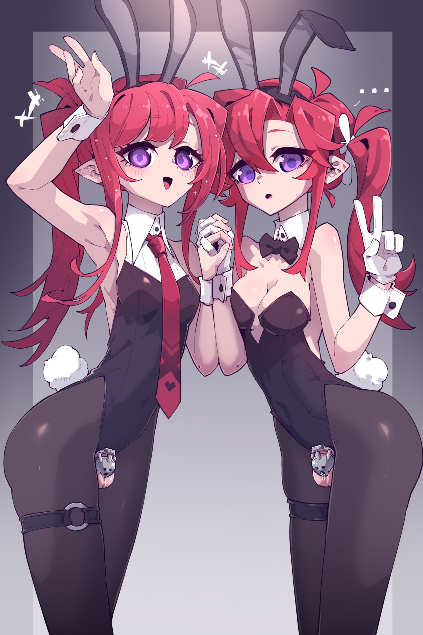 ... 2girls :d :o absurdres animal_ears arm_up armpits bare_shoulders black_border black_bow black_bowtie black_leotard black_pantyhose blush border bow bowtie breasts chastity_cage chinese_commentary cleavage collared_leotard commentary_request contrapposto covered_navel cowboy_shot crotch_cutout detached_collar fake_animal_ears fake_tail from_side futanari gloves grey_background hair_between_eyes hand_up highleg highleg_leotard highres holding_hands imazawa interlocked_fingers leaning_forward leotard long_hair looking_at_viewer medium_breasts multiple_girls multiple_persona necktie o-ring o-ring_thigh_strap open_mouth original outside_border pantyhose playboy_bunny pointy_ears purple_eyes rabbit_ear_hairband rabbit_ears rabbit_tail red_hair red_necktie side_ponytail smile strapless strapless_leotard tail testicles thigh_strap thighs traditional_bowtie v white_gloves white_wrist_cuffs wrist_cuffs