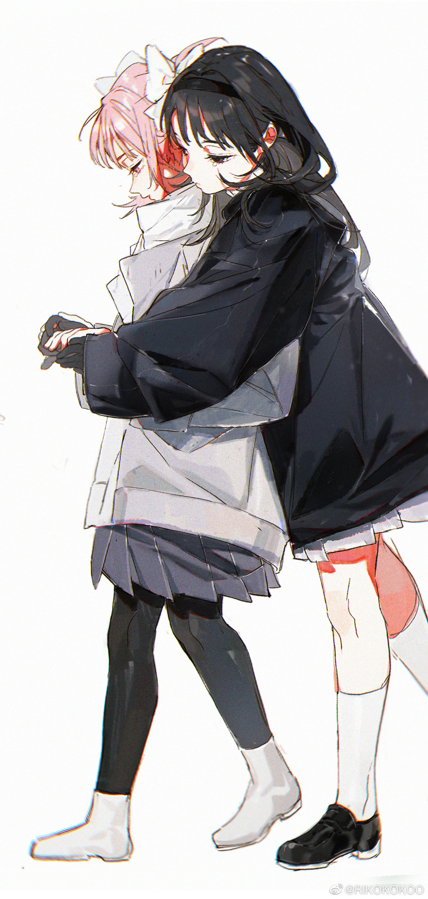 2girls absurdres akemi_homura alternate_costume black_coat black_footwear black_gloves black_hair black_hairband black_pantyhose black_sleeves blue_skirt boots bow closed_mouth coat commentary expressionless eyelashes from_side full_body gloves hair_bow hairband half-closed_eyes highres hug hug_from_behind kaname_madoka kneehighs knees long_hair long_sleeves looking_at_hands mahou_shoujo_madoka_magica mahou_shoujo_madoka_magica_(anime) miniskirt multiple_girls open_clothes open_coat pantyhose parted_lips pink_eyes pink_hair pleated_skirt purple_eyes riko-m scarf shoes short_hair short_twintails simple_background skirt sleeves_past_wrists socks symbol-only_commentary tearing_up twintails walking white_background white_bow white_coat white_footwear white_scarf white_skirt white_socks winter_clothes winter_coat yuri